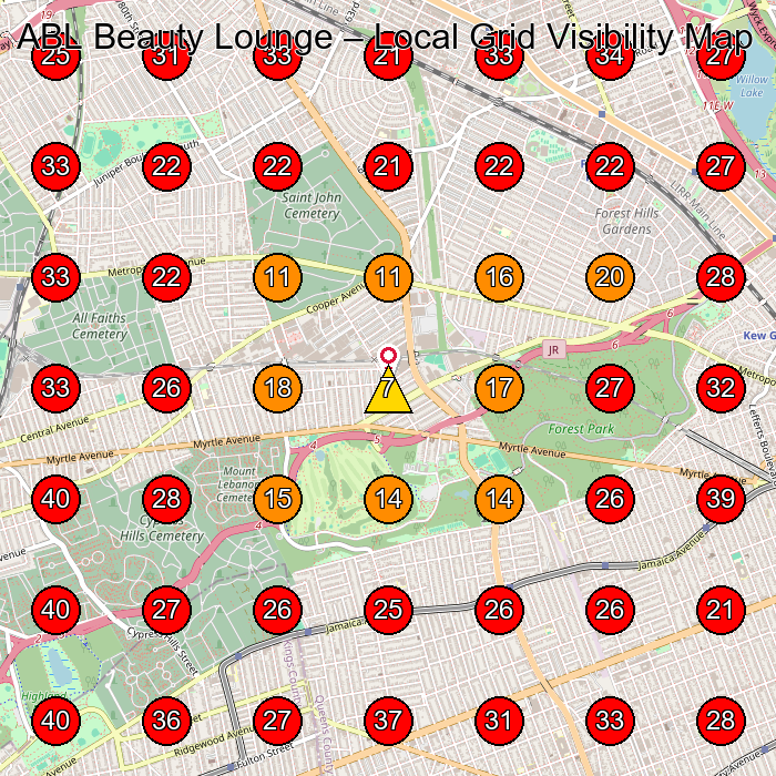 ABL Beauty Lounge GeoGrid visibility map for Beauty Salon in Rego Park